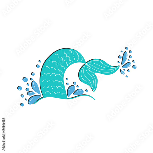 Mermaid tail graphic illustration. Hand drawn teal, turquoise, blue and purple, violet mermaid, fish tail