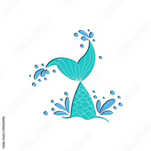 Mermaid tail graphic illustration. Hand drawn teal, turquoise, blue and purple, violet mermaid, fish tail