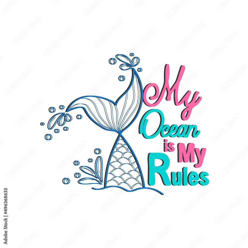Fototapeta premium Mermaid card with hand drawn sea elements and lettering. Calligraphy summer quote with seashells, hearts and pearls. Summer print