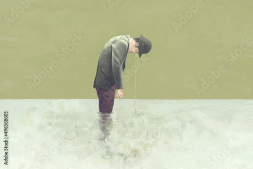 Illustration of sad man crying a sea of tears, surreal abstract negative concept photo