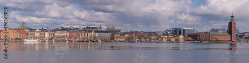 Panorama view at the bay Riddarfjärden and the down town buildings with the Town City Hall and a part of the old town Gamla Stan a sunny spring day in Stockholm