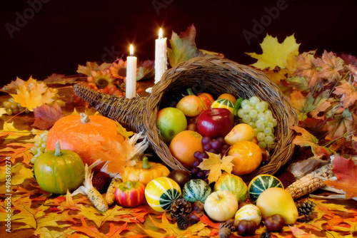 Close-up of assorted fruit in a basket on Thanksgiving Day