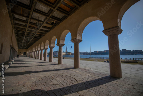 The arch passage at the Town City hall on the waterfront front Riddarfj  rden a sunny spring day in Stockholm