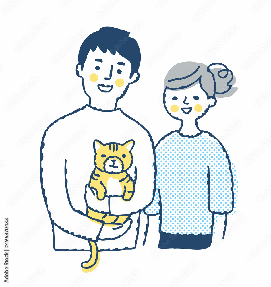 猫を抱っこしている笑顔の男性と女性 Stock イラスト Adobe Stock
