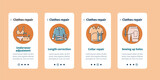 Clothing repair onboarding mobile app screens.Underwear adjustent, length correction, collar repair and sewing up holes. Fashion steps menu. Set of UI, UX, web template with RGB color linear icons