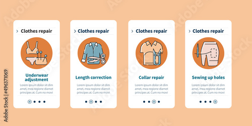 Clothing repair onboarding mobile app screens.Underwear adjustent, length correction, collar repair and sewing up holes. Fashion steps menu. Set of UI, UX, web template with RGB color linear icons