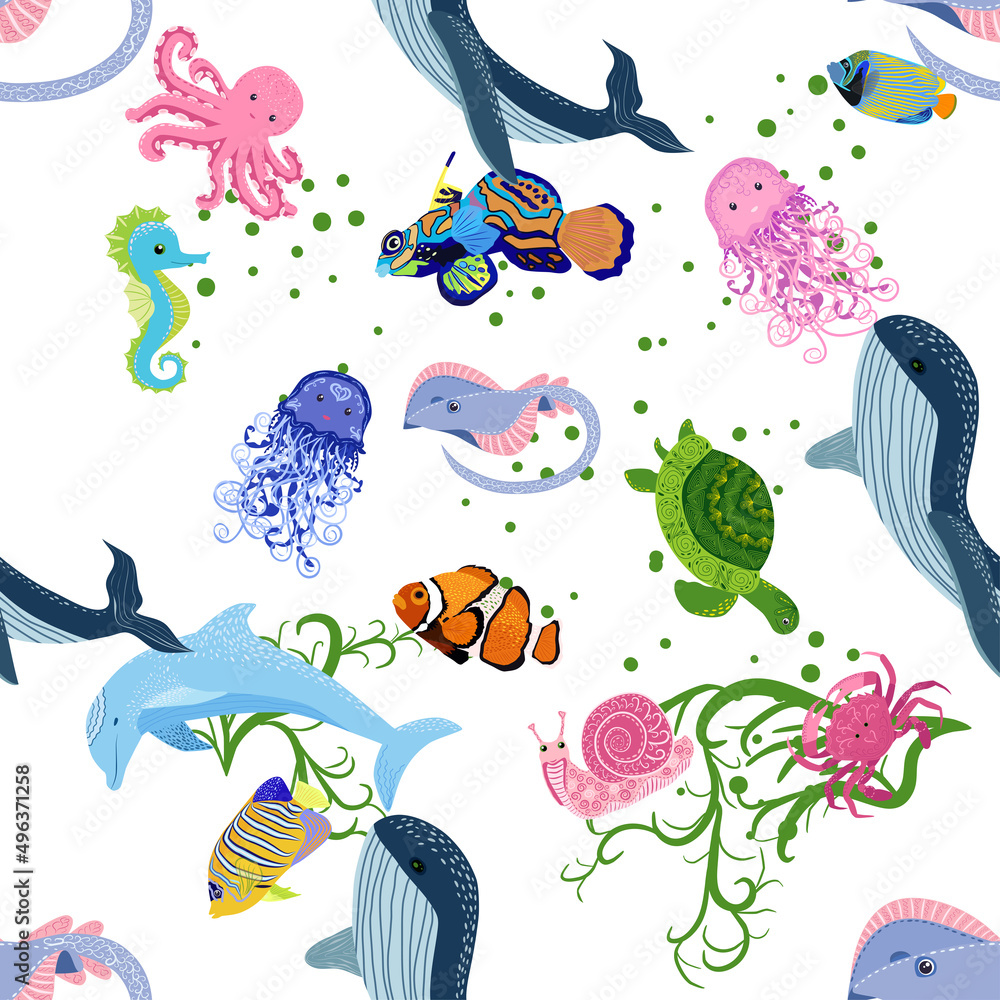Marine life, fish, animals bright seamless pattern. sea travel, underwater diving animal tropical fish. Jellyfish, whale, shark, seahorse, clown fish, dolphin, turtle, emperor Marine life, fish, animals bright seamless pattern. sea travel, underwater diving animal tropical fish. Jellyfish, whale, shark, seahorse, clown fish, dolphin, turtle, emperor