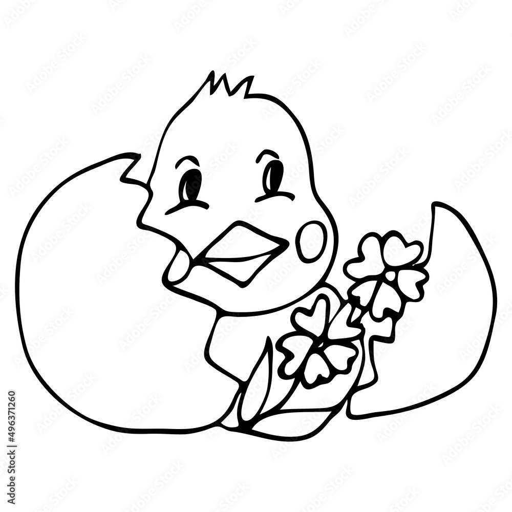 Easter сhick and egg with flowers. Vector hand drawn outline symbol isolated on white. Easter сhick and egg with flowers. Vector hand drawn outline symbol isolated on white.