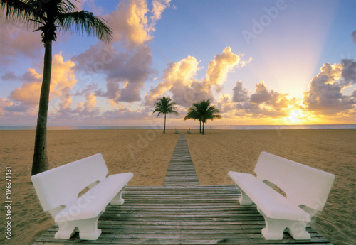 Empty benches on a pier, Harbor Beach, Fort Lauderdale, Florida, USA photo