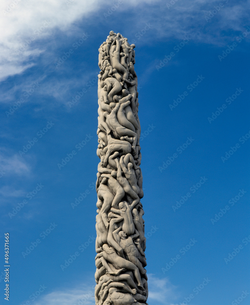 Low angle view of an obelisk, Gustav Vigeland Sculpture Park, Oslo, Norway Low angle view of an obelisk, Gustav Vigeland Sculpture Park, Oslo, Norway
