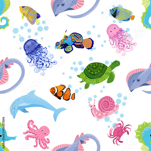 Marine life, fish, animals bright seamless pattern. sea travel, underwater diving animal tropical fish. Jellyfish, whale, shark, seahorse, clown fish, dolphin, turtle, emperor