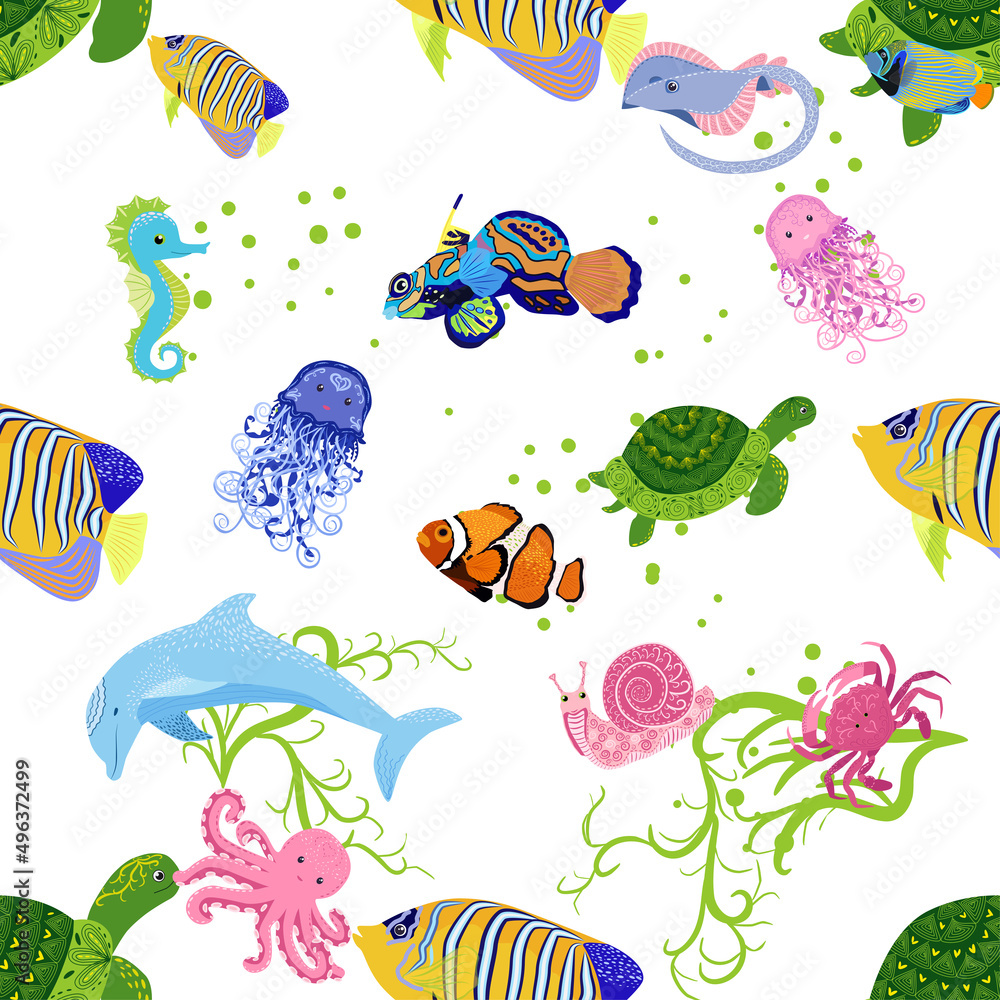 Marine life, fish, animals bright seamless pattern. sea travel, underwater diving animal tropical fish. Jellyfish, whale, shark, seahorse, clown fish, dolphin, turtle, emperor