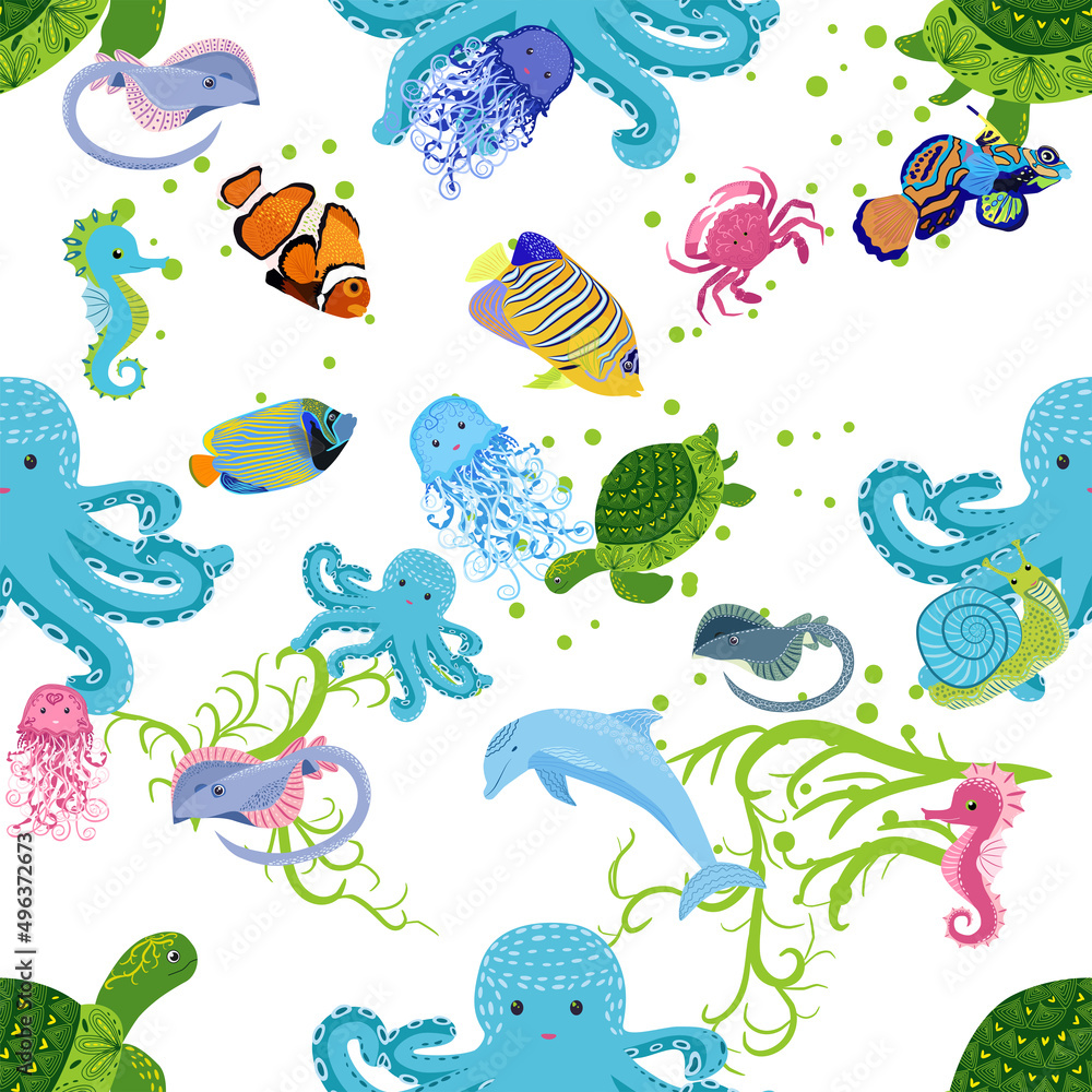 Marine life, fish, animals bright seamless pattern. sea travel, underwater diving animal tropical fish. Jellyfish, whale, shark, seahorse, clown fish, dolphin, turtle, emperor Marine life, fish, animals bright seamless pattern. sea travel, underwater diving animal tropical fish. Jellyfish, whale, shark, seahorse, clown fish, dolphin, turtle, emperor
