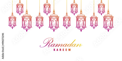 ramadan vector background Hand drawn concept lantern design.Details hand drawn ramadan lantern in purple and yellow color.Greeting cards, banners, posters. Traditional Islamic holy day photo