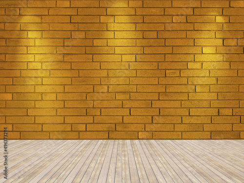 Spotlight background. Empty gold brick wall interior