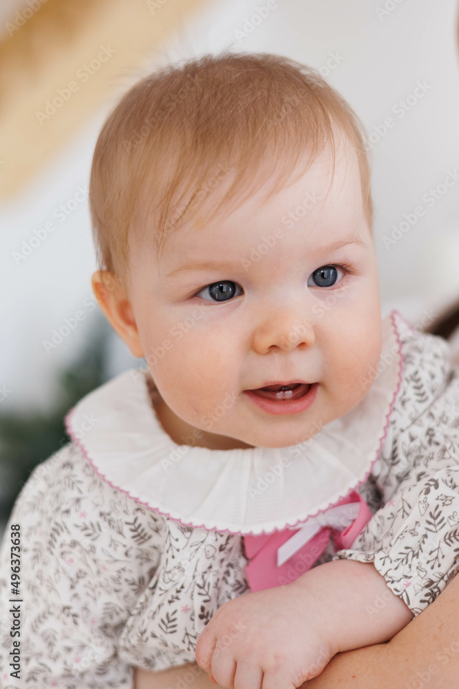Sweet little 1-year-old daughter sitting on chair in grey dress.
Portrait of Girl baby child on bed at home. Tenderness and love, sweetness. Lovely family indoors.
Serious baby portrait indoors Sweet little 1-year-old daughter sitting on chair in grey dress.
Portrait of Girl baby child on bed at home. Tenderness and love, sweetness. Lovely family indoors.
Serious baby portrait indoors