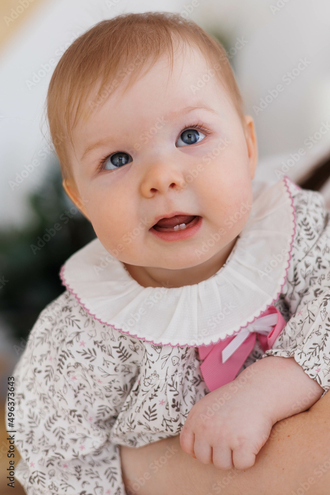 Sweet little 1-year-old daughter sitting on chair in grey dress.
Portrait of Girl baby child on bed at home. Tenderness and love, sweetness. Lovely family indoors.
Serious baby portrait indoors Sweet little 1-year-old daughter sitting on chair in grey dress.
Portrait of Girl baby child on bed at home. Tenderness and love, sweetness. Lovely family indoors.
Serious baby portrait indoors