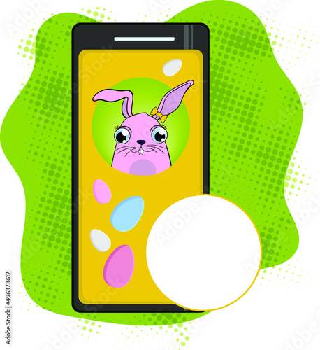 Vector illustration with easter rabbit and eggs on smartphone and speech bubble