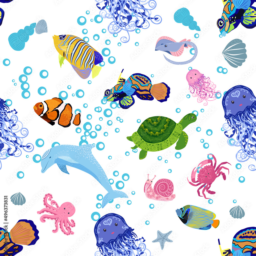 Marine life, fish, animals bright seamless pattern. sea travel, underwater diving animal tropical fish. Jellyfish, whale, shark, seahorse, clown fish, dolphin, turtle, emperor Marine life, fish, animals bright seamless pattern. sea travel, underwater diving animal tropical fish. Jellyfish, whale, shark, seahorse, clown fish, dolphin, turtle, emperor