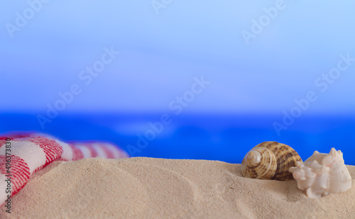 Caracolas en la arena y mantel de con desenfoque