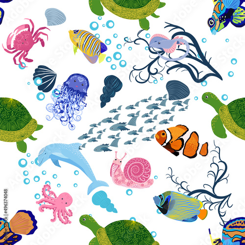 Marine life, fish, animals bright seamless pattern. sea travel, underwater diving animal tropical fish. Jellyfish, whale, shark, seahorse, clown fish, dolphin, turtle, emperor