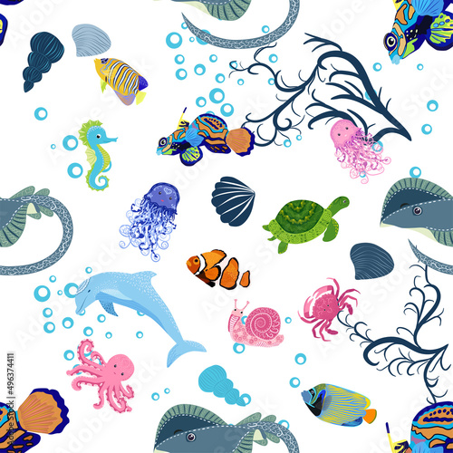 Marine life, fish, animals bright seamless pattern. sea travel, underwater diving animal tropical fish. Jellyfish, whale, shark, seahorse, clown fish, dolphin, turtle, emperor