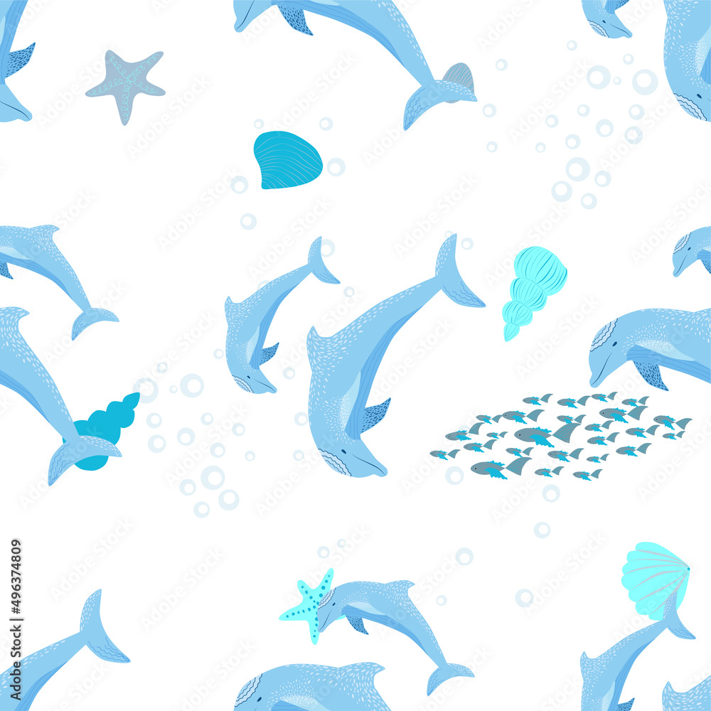 Dolphin, sea inhabitants seamless pattern, beautiful character among seashells, algae, starfish, marine wildlife Dolphin, sea inhabitants seamless pattern, beautiful character among seashells, algae, starfish, marine wildlife