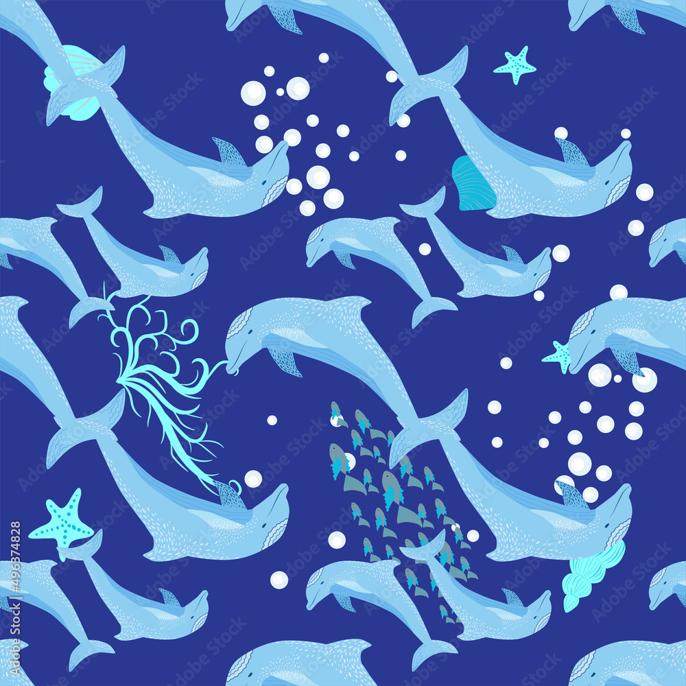 Fototapeta premium Dolphin, sea inhabitants seamless pattern, beautiful character among seashells, algae, starfish, marine wildlife