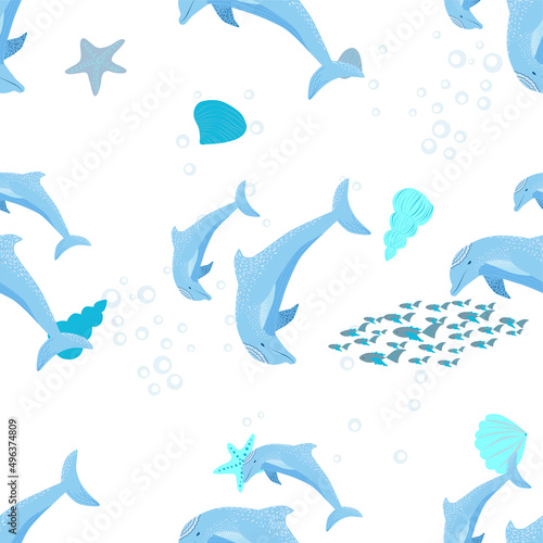 Dolphin, sea inhabitants seamless pattern, beautiful character among seashells, algae, starfish, marine wildlife