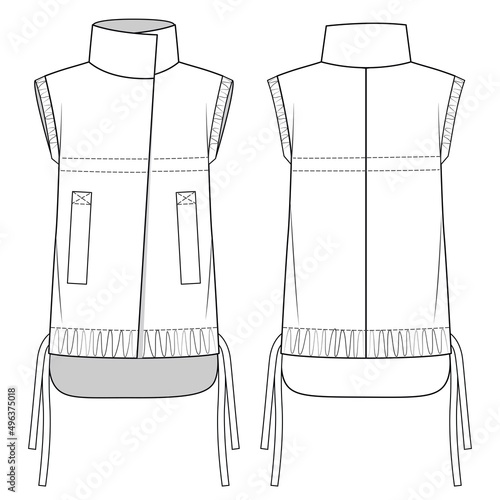 Unisex Waistcoat technical fashion illustration. Flat apparel vest template front and back, white color. Unisex CAD mock-up.