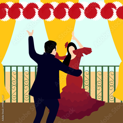 Vector illustration of an Andalusian couple dancing sevillanas in a booth at the April fair. Seville fair, Andalusia, Spain photo