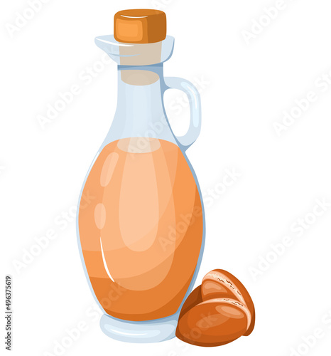 Glass jug with argan oil. The concept of a healthy lifestyle and healthy eating. Organic products. Stock vector isolated illustration on a white background.