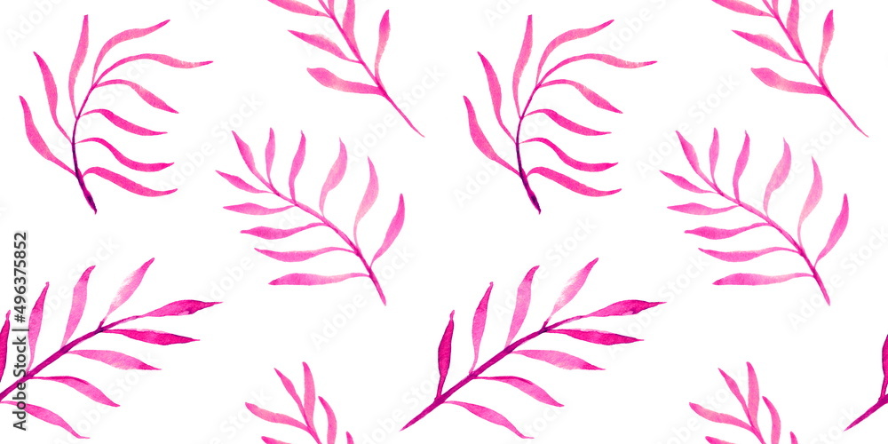 Seamless botanical pattern with vibrant pink watercolor palm leaves and branches on a white background.