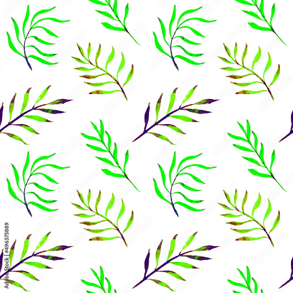 Seamless botanical pattern with vibrant green and pink watercolor palm leaves and branches on a white background. Seamless botanical pattern with vibrant green and pink watercolor palm leaves and branches on a white background.