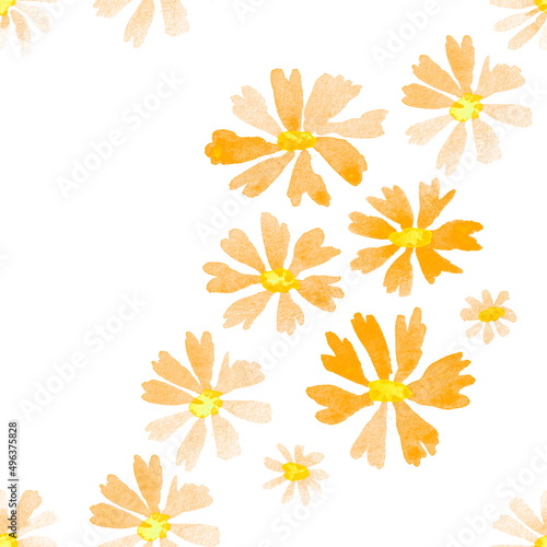 Seamless floral pattern with hand drawn watercolor flowers for textile and paper design. Isolated yellow and orange flowers on a white background.