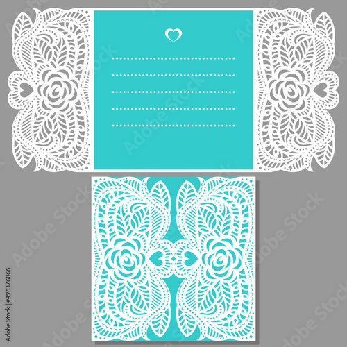 Laser cut wedding envelope card invitation, turquoise color background. Floral lacy pattern on cutout paper. Vector template for cutting.