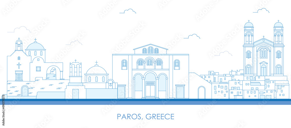 Outline Skyline panorama of Paros island, Cyclades, Greece - vector illustration