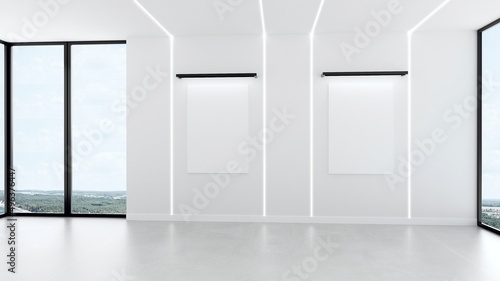 white modern interior with two blank posters