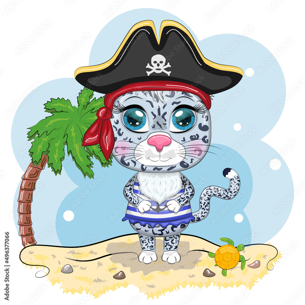 Snow leopard pirate, cartoon character of the game, wild cat in a bandana and a cocked hat with a skull, with an eye patch. Character with bright eyes
