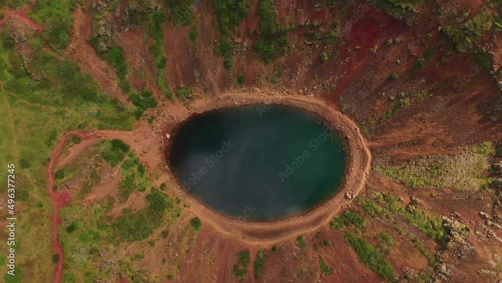 overhead view of old volcano crater filled with water in Iceland overhead view of old volcano crater filled with water in Iceland