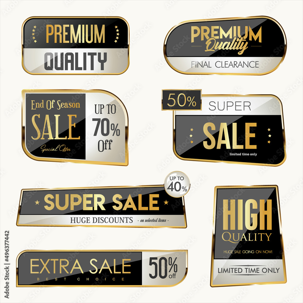 Collection of black and gold sale badge and labels