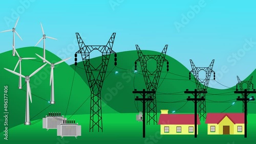 Animation of a wind farm. Simulation of electricity generation through winds by wind turbines. Video of renewable wind energy and zero greenhouse gas emissions. Video for electrical companies