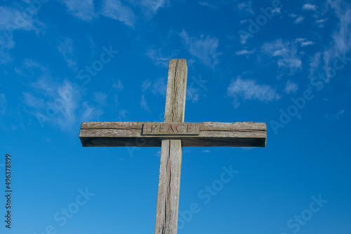 Cross/crucifix inscribed with 'peace' at St. Benet's Abbey, Ludham, in the Norfolk Broads photo