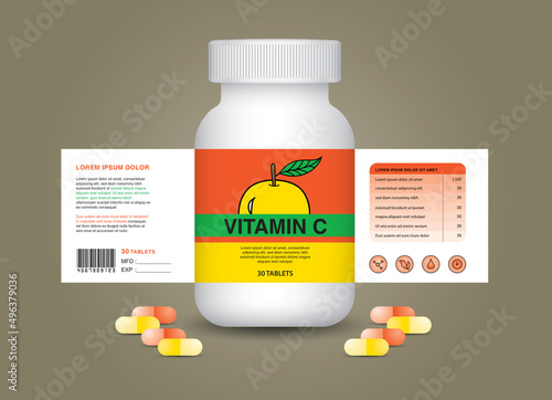 Vitamin C supplement bottle Packaging, Cosmetic package. product design. Beauty label, 3d supplement bottle, 3d white plastic Pills box, White medical container. healthcare bottle, realistic mock-up. 