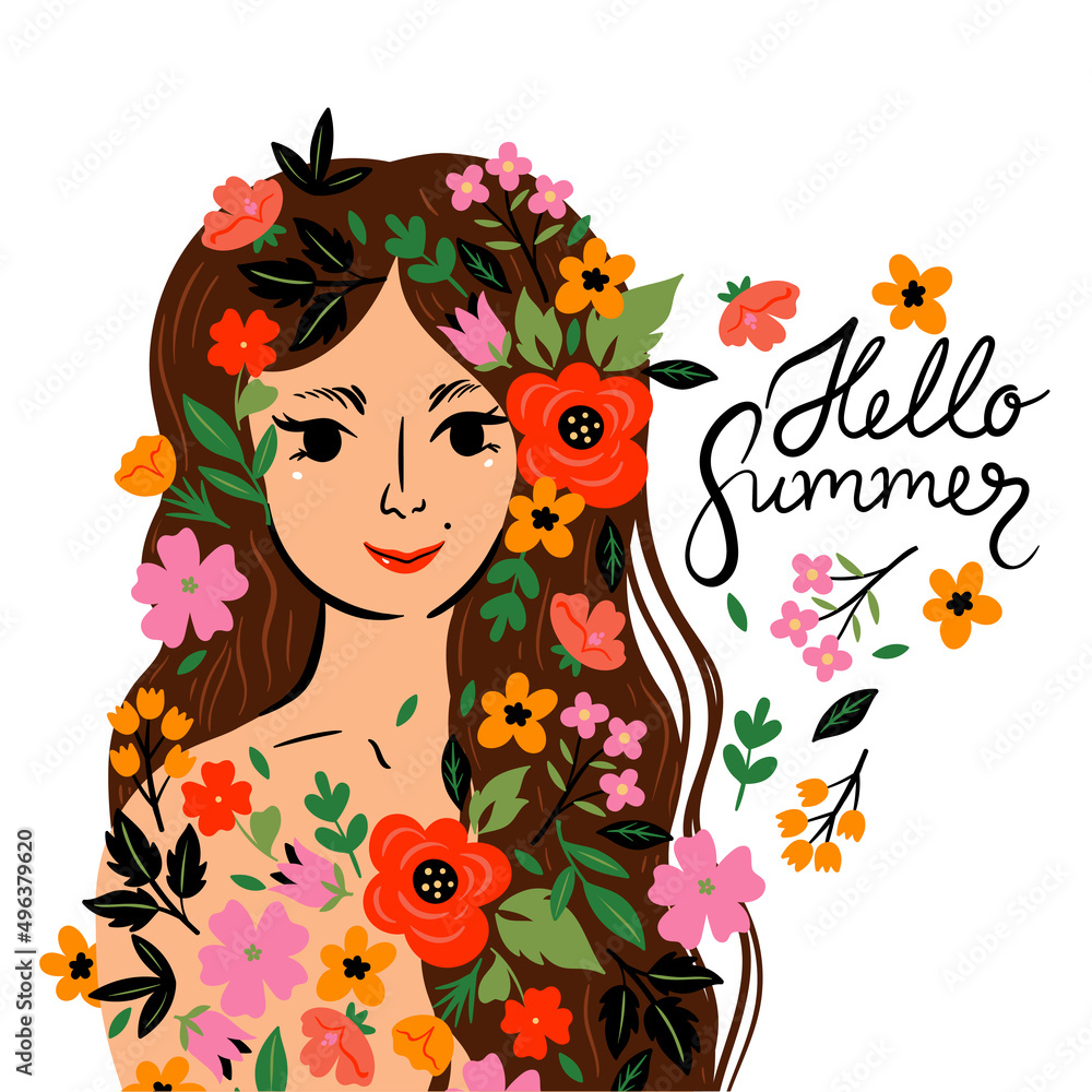 Summer card with a girl and flowers. Vector graphics.
