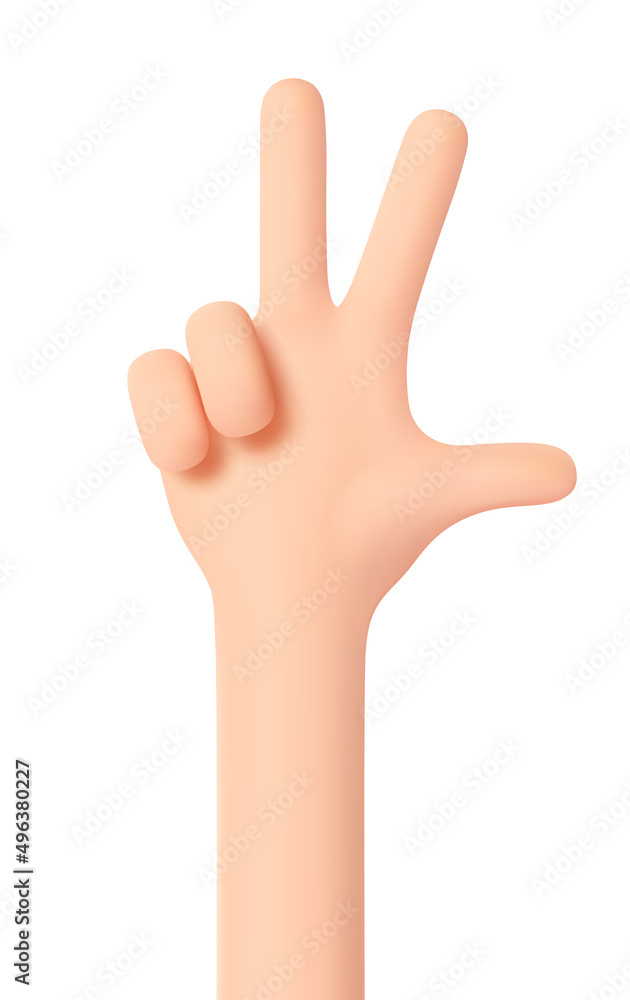 Counting on fingers. Hand gesture number three. The thumb, index and middle fingers are unclenched and raised up. Hand isolated on white. 3D cartoon friendly funny style Counting on fingers. Hand gesture number three. The thumb, index and middle fingers are unclenched and raised up. Hand isolated on white. 3D cartoon friendly funny style