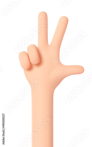 Counting on fingers. Hand gesture number three. The thumb, index and middle fingers are unclenched and raised up. Hand isolated on white. 3D cartoon friendly funny style