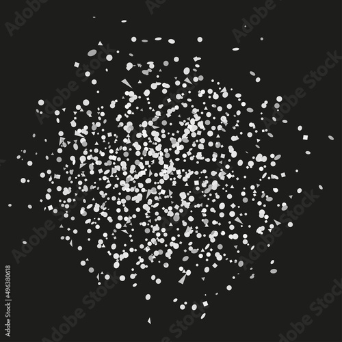Confetti on isolated background. Texture with many glitters. Holiday elements on black. Pattern for flyers, banners and textiles. Greeting cards. Black and white illustration