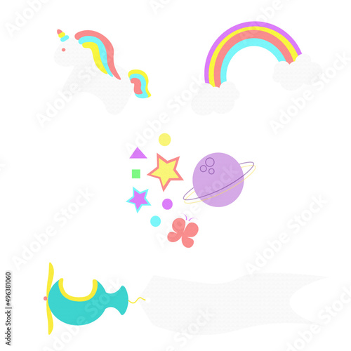 UNICORNIO,ARCOIRIS,PLANETA FIGURAS,ESTRELLAS,AVIÓN CON PANCARTA,ICONOS DE UNICORNIO,ICONO DE ARCOIRIS,ICONO DE AVIÓN,ICONO DE PLANETA