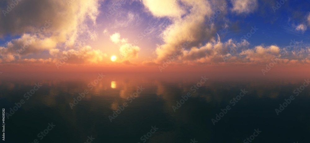 Beautiful sea sunset, ocean coast at sunrise, sky with sun and clouds on the sea surface, 3d rendering